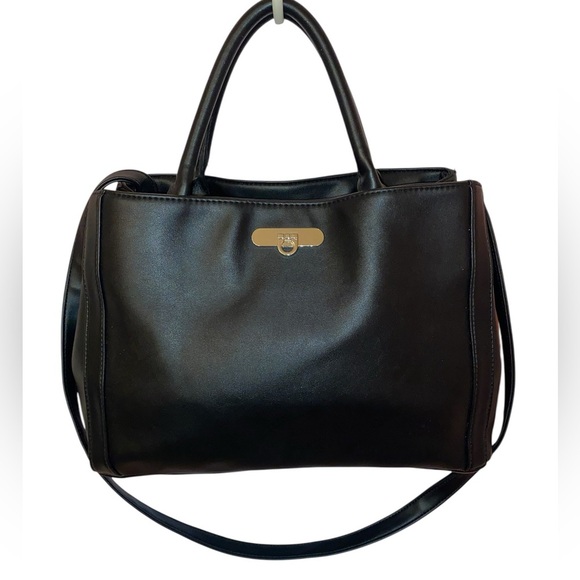 Nine West Satchel Style Handbag w/ Shoulder Straps in smooth Faux Leather BLACK - Picture 1 of 9